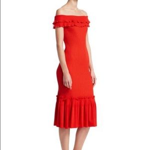 Jonathan Simkhai Red Off-The-Shoulder Ribbed Midi Dress, S